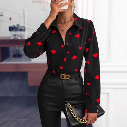 HeartBeat Red Heart Print Button-Up Blouse