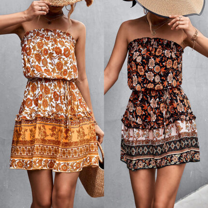 Sunset Bloom Strapless Boho Dress
