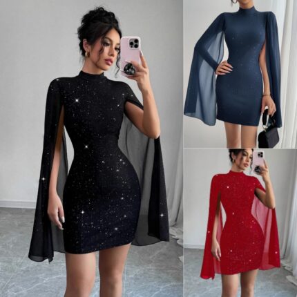 Celestial Noir Cape Sleeve Bodycon Mini Dress