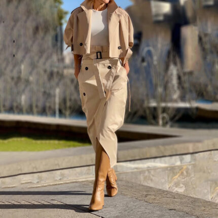 Urban Muse Cropped Trench & High-Waist Midi Skirt Set – Modern Tailored Two-Piece