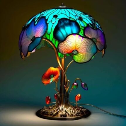 Colorful stained-glass style LED lamp with artistic mushroom and floral design glowing in vibrant hues.