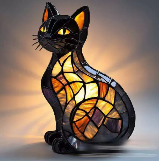 Colorful stained-glass style LED dog night light made of resin, glowing with vibrant mosaic patterns.