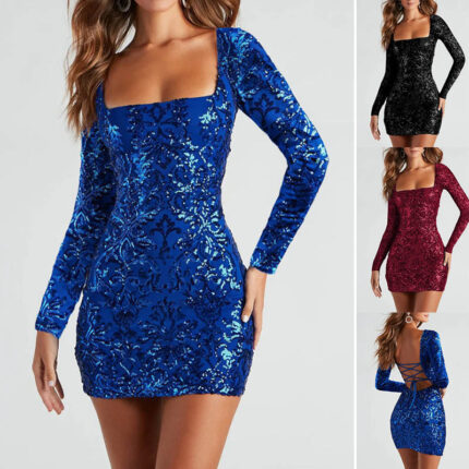 Sequin Lace-Up Back Mini Dress