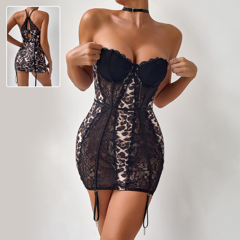 Leopard print lace corset mini dress with strapless neckline and garter strap detailing.