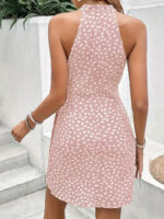 Women’s halter mini dress with polka dot print and wrap waist tie in navy, sage green, khaki, and blush pink.