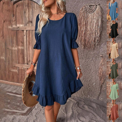 Ruffle Hem Puff Sleeve Shift Dress