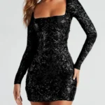 Woman wearing a royal blue long sleeve sequin mini dress with a square neckline and lace-up open back, shown with black and wine red color options.