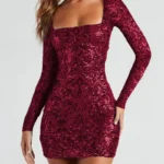 Woman wearing a royal Red long sleeve sequin mini dress with a square neckline and lace-up open back, shown with black and wine red color options.