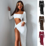 Woman wearing a white long sleeve maxi dress with a square neckline, waist cutout, ruched wrap waist, and high thigh slit, shown with black, brown, and wine red color options.