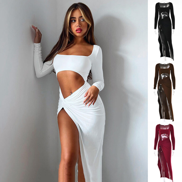 Woman wearing a white long sleeve maxi dress with a square neckline, waist cutout, ruched wrap waist, and high thigh slit, shown with black, brown, and wine red color options.