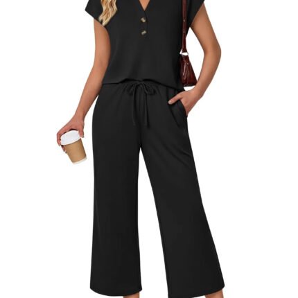 Woman wearing a beige two-piece lounge set with a button V-neck short sleeve top, drawstring waist, cropped wide-leg pants, pockets, and white sneakers, shown in multiple colors.