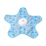 Automatic cat teaser toy disc with blue fish print star-shaped mat, rotating center motor, hidden green feather teaser, and Type-C charging feature.