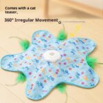 Automatic cat teaser toy disc with blue fish print star-shaped mat, rotating center motor, hidden green feather teaser, and Type-C charging feature.