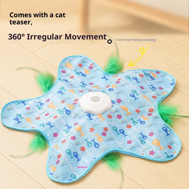 Automatic cat teaser toy disc with blue fish print star-shaped mat, rotating center motor, hidden green feather teaser, and Type-C charging feature.