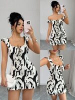 Woman wearing a floral ruffle bodycon mini dress with tie-front detail, ruched fit, ruffle straps, and flounced hem, shown in red floral, blue floral, black polka dot, and brown floral options.