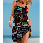 Woman wearing a sleeveless pet print beach slip dress with a scoop neckline, relaxed fit, and side slit, shown in multiple paw print, shell, bone, and dog-inspired designs.