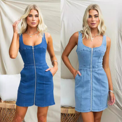 Zip-Front Denim Mini Dress with Scoop Neck