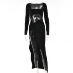 Woman wearing a white long sleeve maxi dress with a square neckline, waist cutout, ruched wrap waist, and high thigh slit, shown with black, brown, and wine red color options.