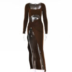 Woman wearing a white long sleeve maxi dress with a square neckline, waist cutout, ruched wrap waist, and high thigh slit, shown with black, brown, and wine red color options.