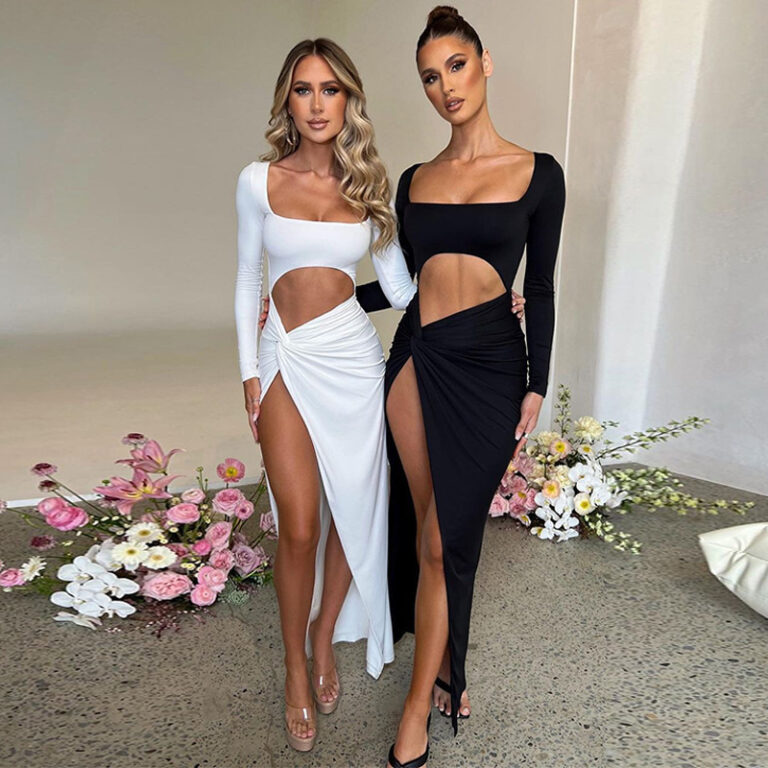 Woman wearing a white long sleeve maxi dress with a square neckline, waist cutout, ruched wrap waist, and high thigh slit, shown with black, brown, and wine red color options.