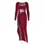 Woman wearing a white long sleeve maxi dress with a square neckline, waist cutout, ruched wrap waist, and high thigh slit, shown with black, brown, and wine red color options.