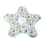 Automatic cat teaser toy disc with blue fish print star-shaped mat, rotating center motor, hidden green feather teaser, and Type-C charging feature.