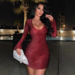 Crimson Radiance Glitter Bell Sleeve Mini Dress - Image 5