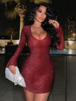 Crimson Radiance Glitter Bell Sleeve Mini Dress