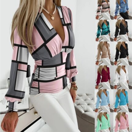 Sexy Geometric Print Shirt Fashion V-neck Long-sleeved Tops Women's Clothing