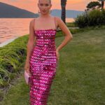Blush pink embellished midi dress with oversized reflective paillettes and slim straps.