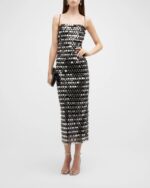 Black fitted midi dress with reflective silver paillettes and thin spaghetti straps