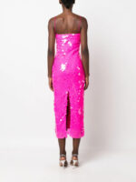 Blush pink embellished midi dress with oversized reflective paillettes and slim straps.