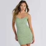Celeste Rhinestone Cowl-Neck Mini Dress Light Green