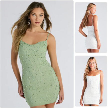 Primary Sage Green Image: Sage green rhinestone-embellished bodycon mini dress with cowl neckline and spaghetti straps.