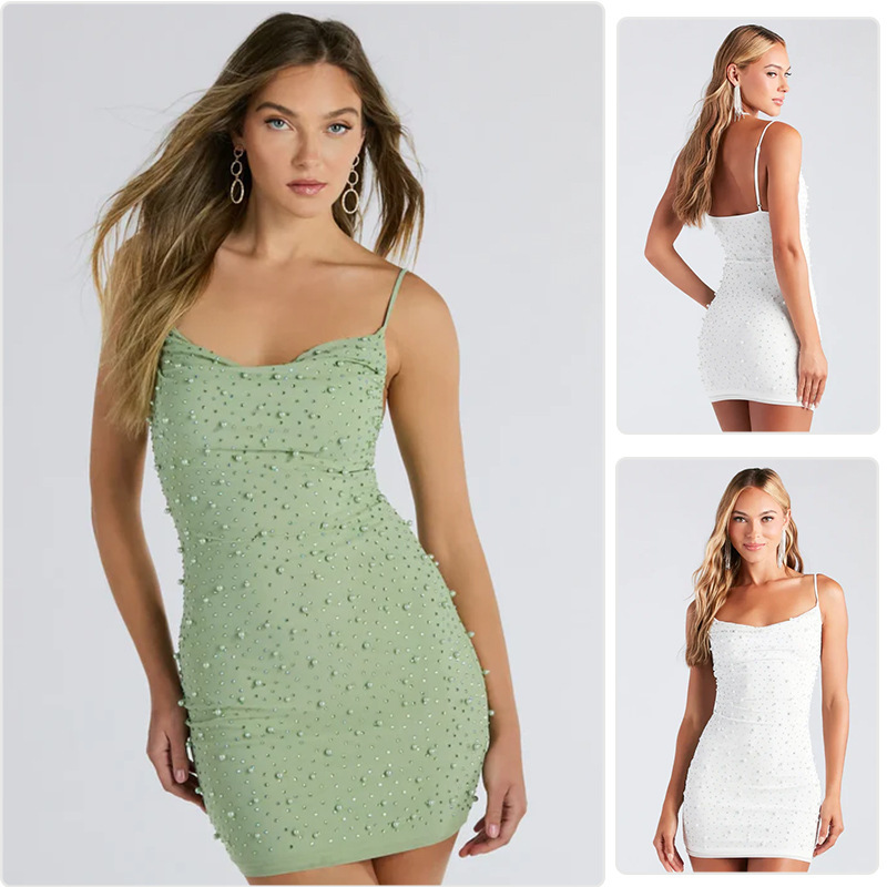 Primary Sage Green Image: Sage green rhinestone-embellished bodycon mini dress with cowl neckline and spaghetti straps.