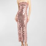 Iridescent paillette sequin midi dress with spaghetti straps and fitted silhouette.