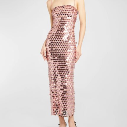 Iridescent paillette sequin midi dress with spaghetti straps and fitted silhouette.