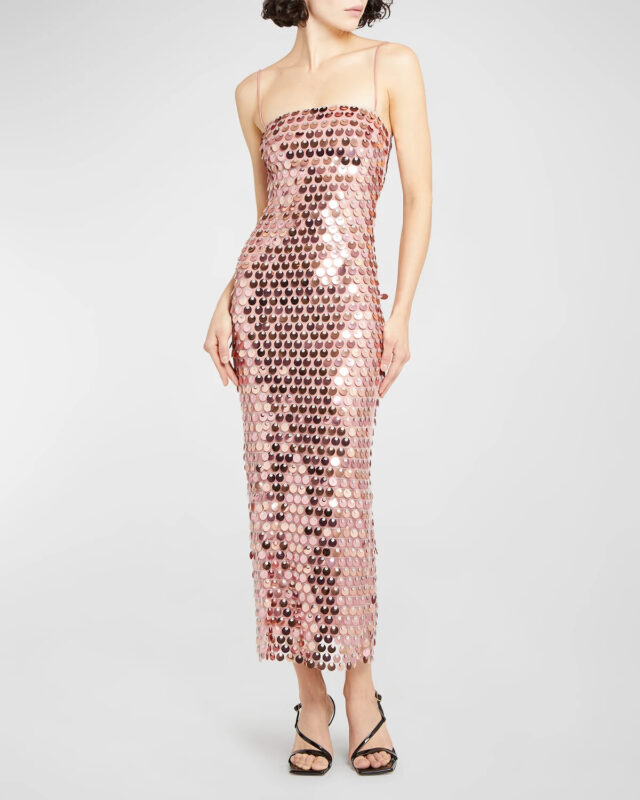 Iridescent paillette sequin midi dress with spaghetti straps and fitted silhouette.