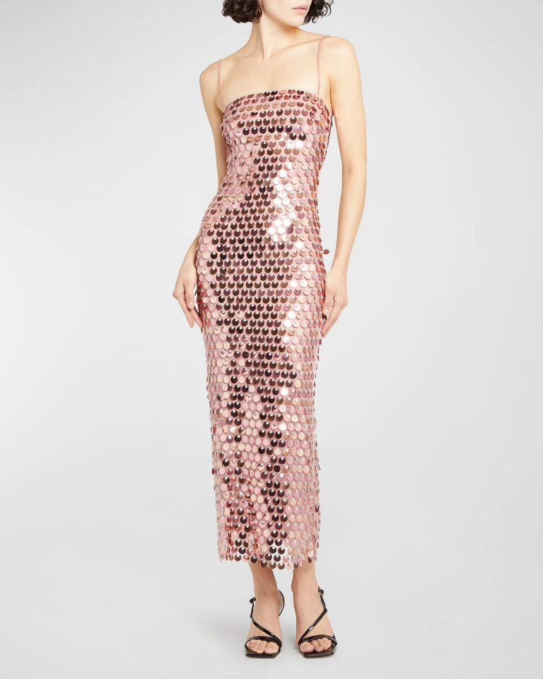 Iridescent paillette sequin midi dress with spaghetti straps and fitted silhouette.