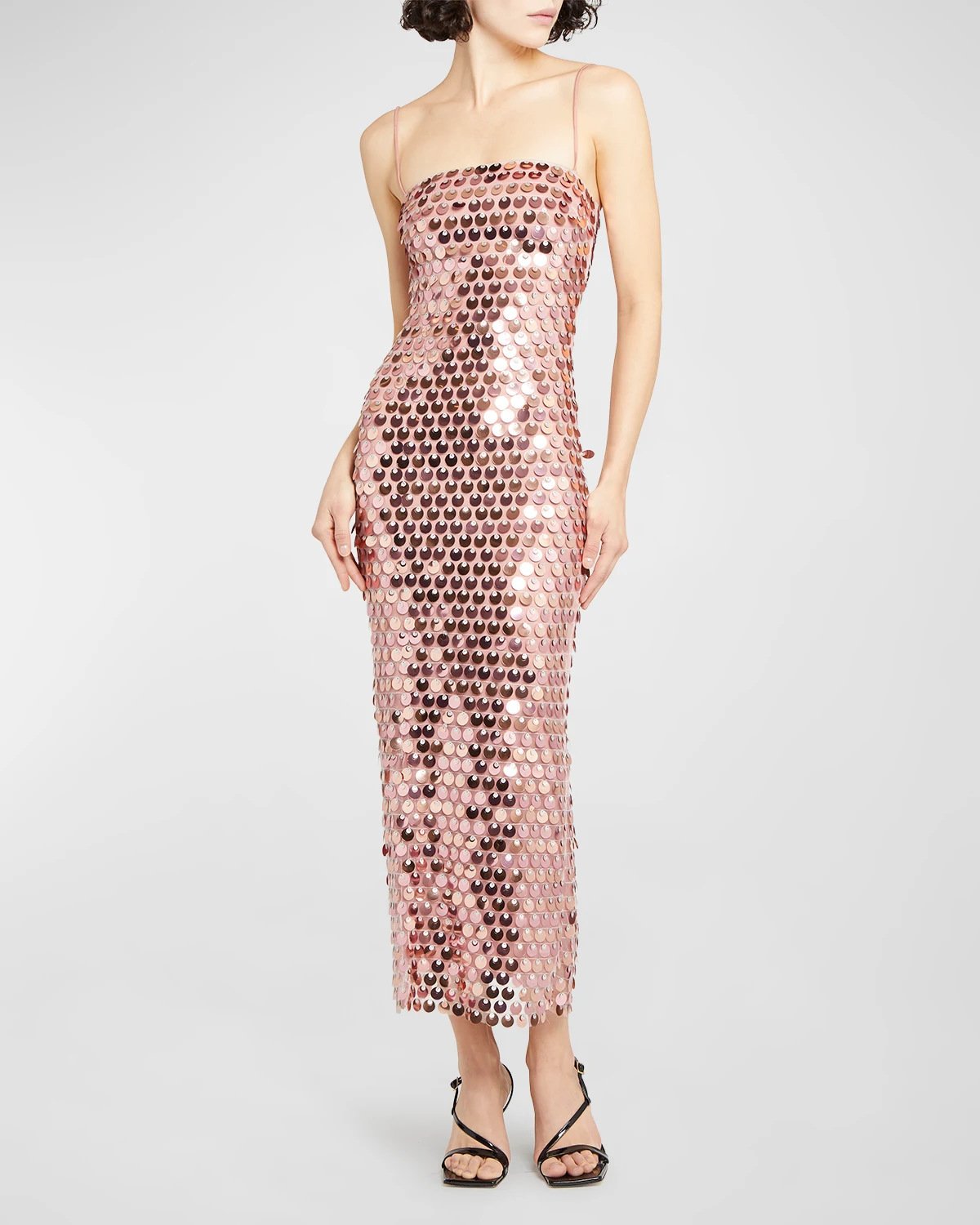 e6dbc8e5-5768-48e8-a8ab-5fc2bcc995a2.jpg Iridescent paillette sequin midi dress with spaghetti straps and fitted silhouette.