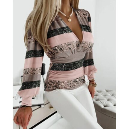 Élan Draped V-Neck Long Sleeve Top - Tricolor Stripes