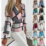 Women’s draped V-neck long sleeve polyester top with ruched waist shown in pink and gray geometric print with multiple color options