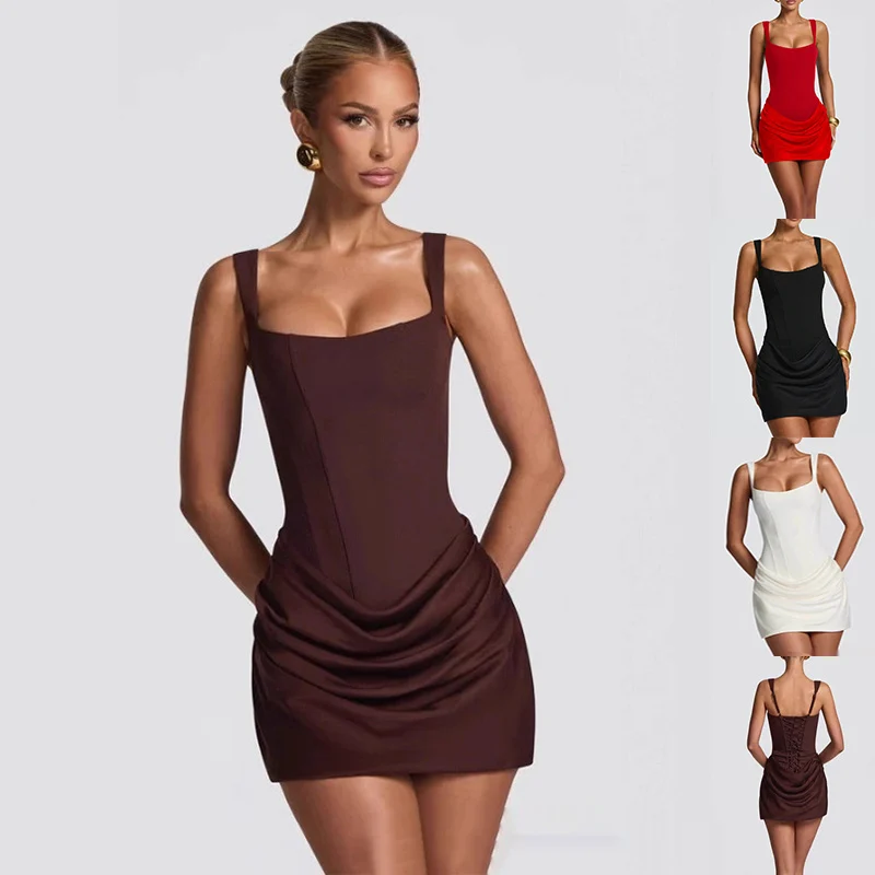 Brown Corset draped mini dress shown in chocolate brown with red, black and ivory color variations.