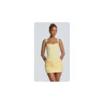 Soft yellow fitted corset mini dress with square neckline and softly draped mini skirt.