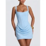 vory corset-inspired bodycon mini dress with wide straps, sculpted bodice and draped hips.