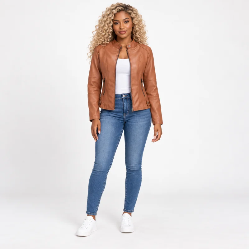Camel PU leather moto jacket with fitted panel seams and metal zipper details.