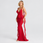 Rosette Ruffle Backless Maxi Dress - Red