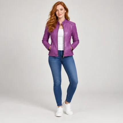 Violet PU leather moto jacket with stand collar, zip pockets, structured shoulder seams, and zippered cuffs