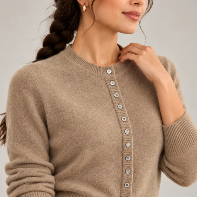 Women's beige button-down cardigan styled with cream wide-leg trousers in a full-length studio look.