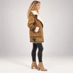 Khaki Luxe Winter Aviator Jacket with oversized contrast lapel collar, asymmetric zipper and zip pockets